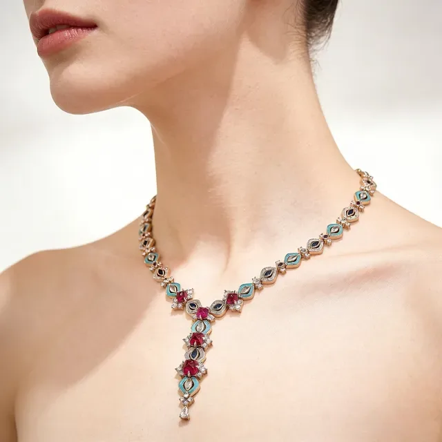 Rose Gold Turquoise and Emerald Gemstone Y-Drop Necklace 8