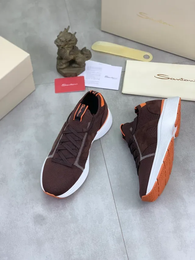 Santoni Brown Orange Knit Upper Contrast Detailing Sneakers 5