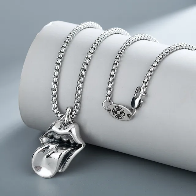 Sculptural Lips Pendant Polished Silver-Tone Box Chain Necklace 2