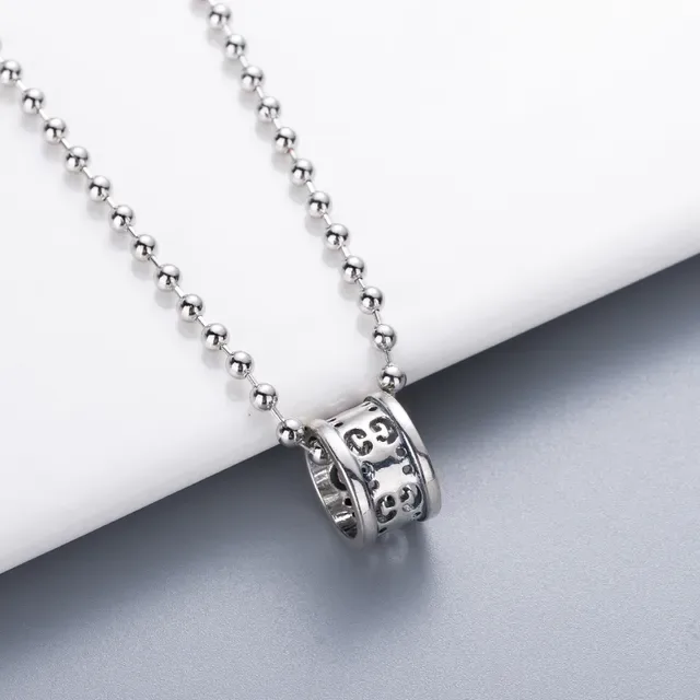 Silver Ball Chain Cylindrical Engraved Pendant Necklace 3