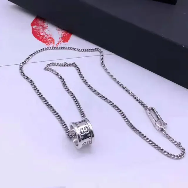 Silver Ball Chain Cylindrical Engraved Pendant Necklace 6
