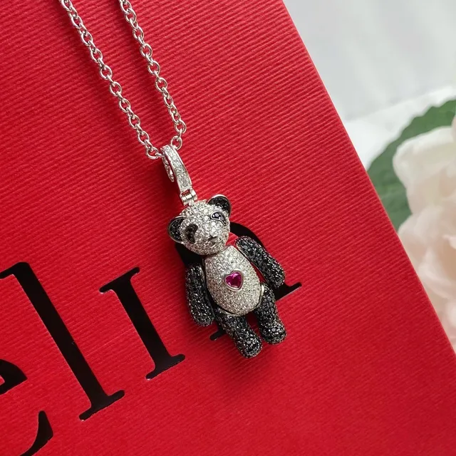 Silver Black Panda Bear Silhouette Pavé-Set Stones Necklace 3