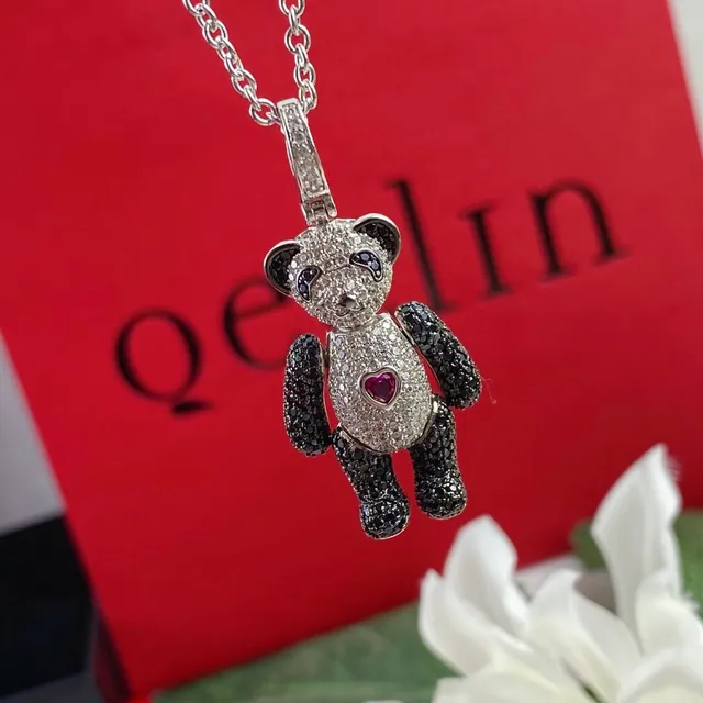 Silver Black Panda Bear Silhouette Pavé-Set Stones Necklace 7