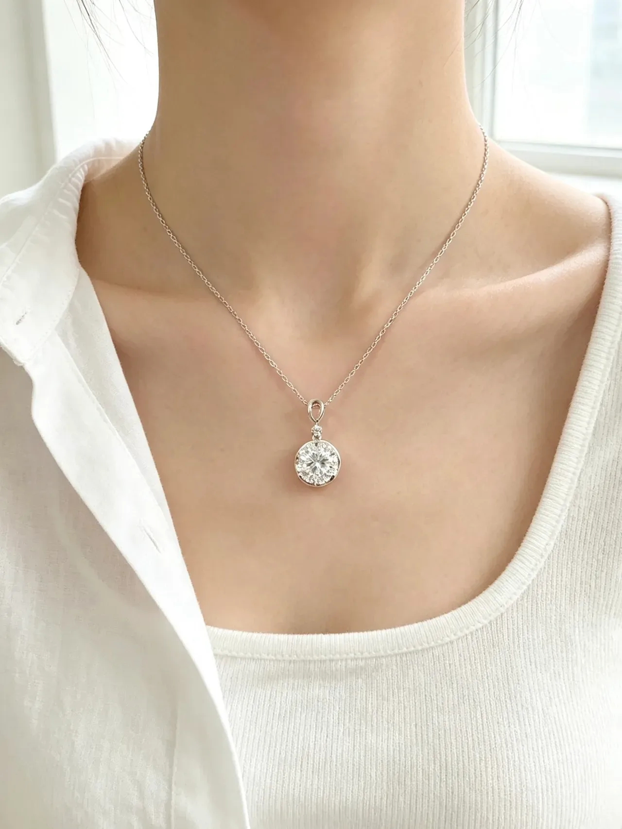 Silver Black Solitaire Pendant Round Brilliant-Cut Stone Necklace 2