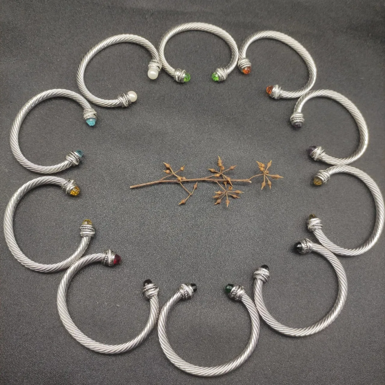 Silver Black Twisted Rope Cable Faceted Stone Terminals Bracelet 2
