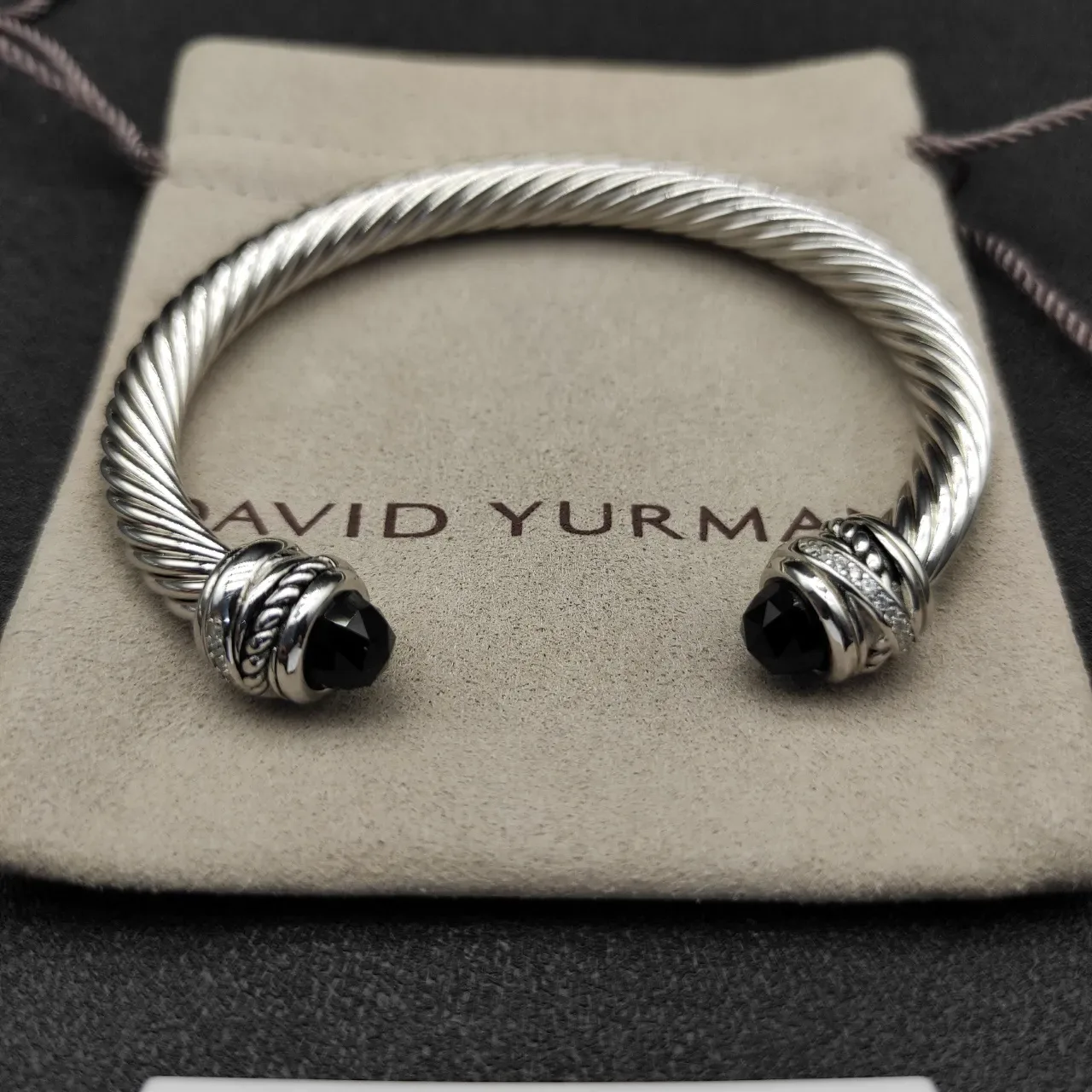 Silver Black Twisted Rope Cable Faceted Stone Terminals Bracelet 6