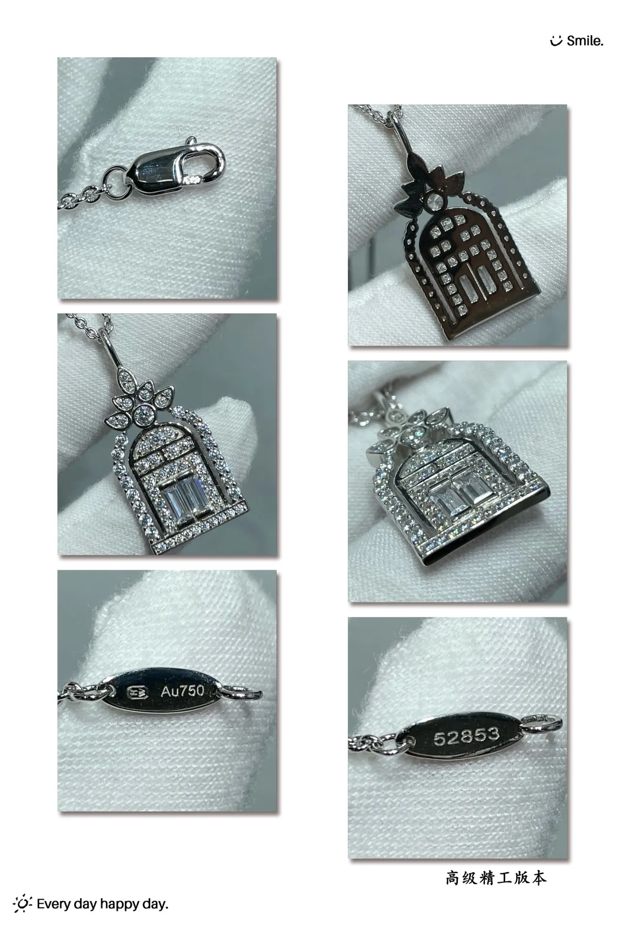 Silver Blue Architectural Pendant Pavé-Set Clear Stones Necklace 8