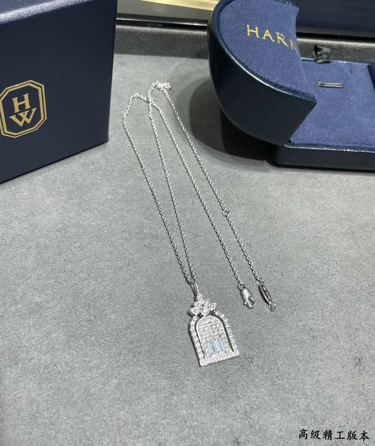 Silver Blue Architectural Pendant Pavé-Set Clear Stones Necklace 9