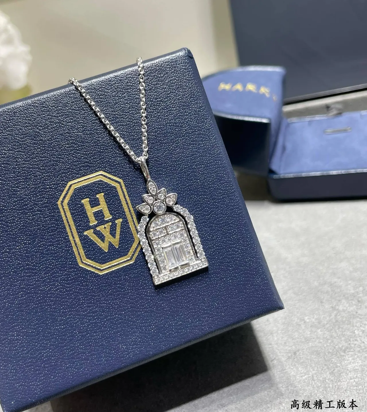 Silver Blue Architectural Pendant Pavé-Set Clear Stones Necklace 4