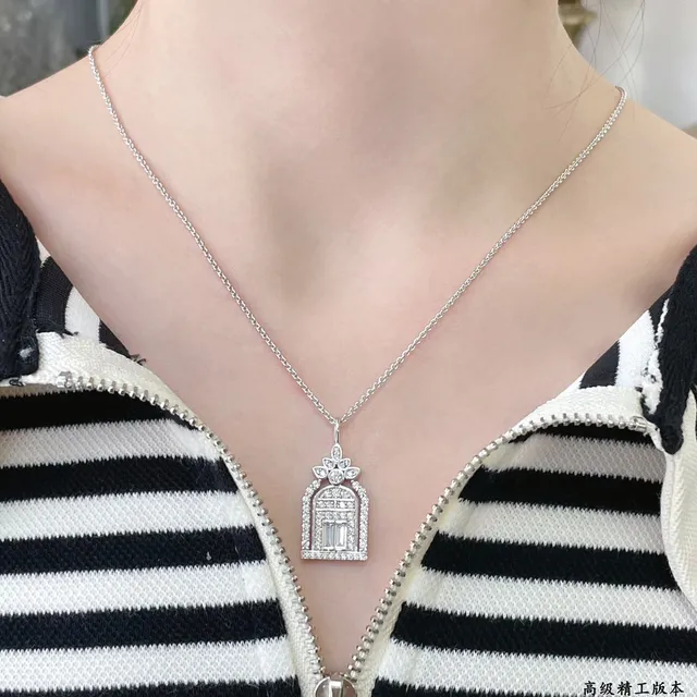 Silver Blue Architectural Pendant Pavé-Set Clear Stones Necklace 6