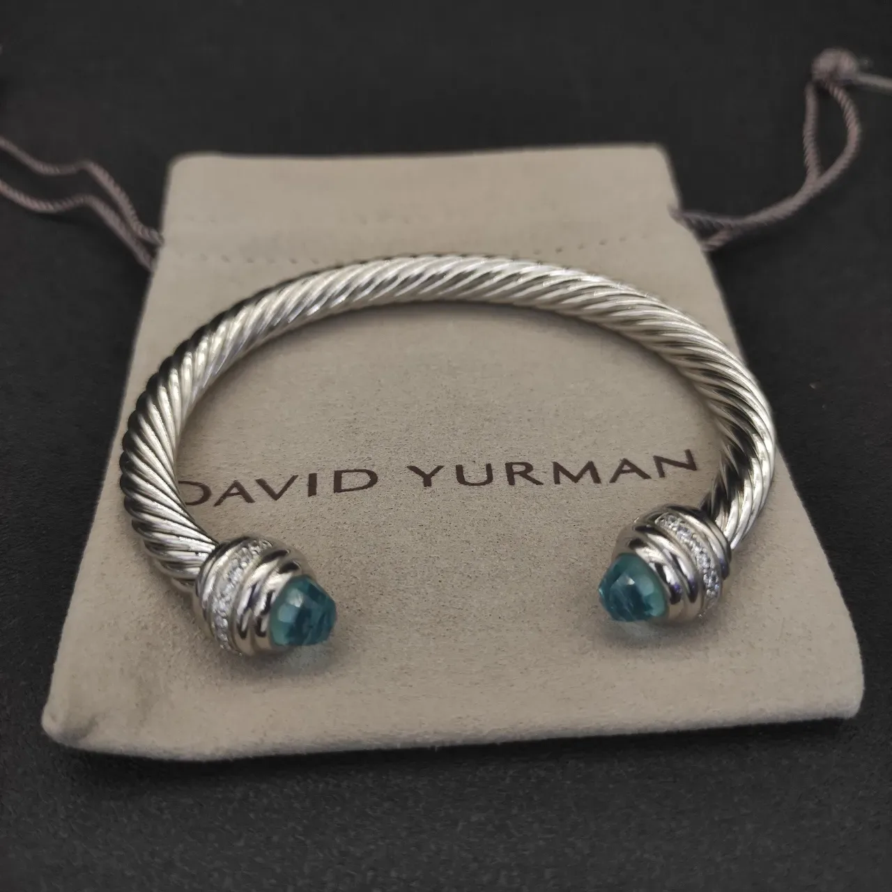 Silver Blue Twisted Cable Construction Faceted Gemstone Terminals Bracelet 4