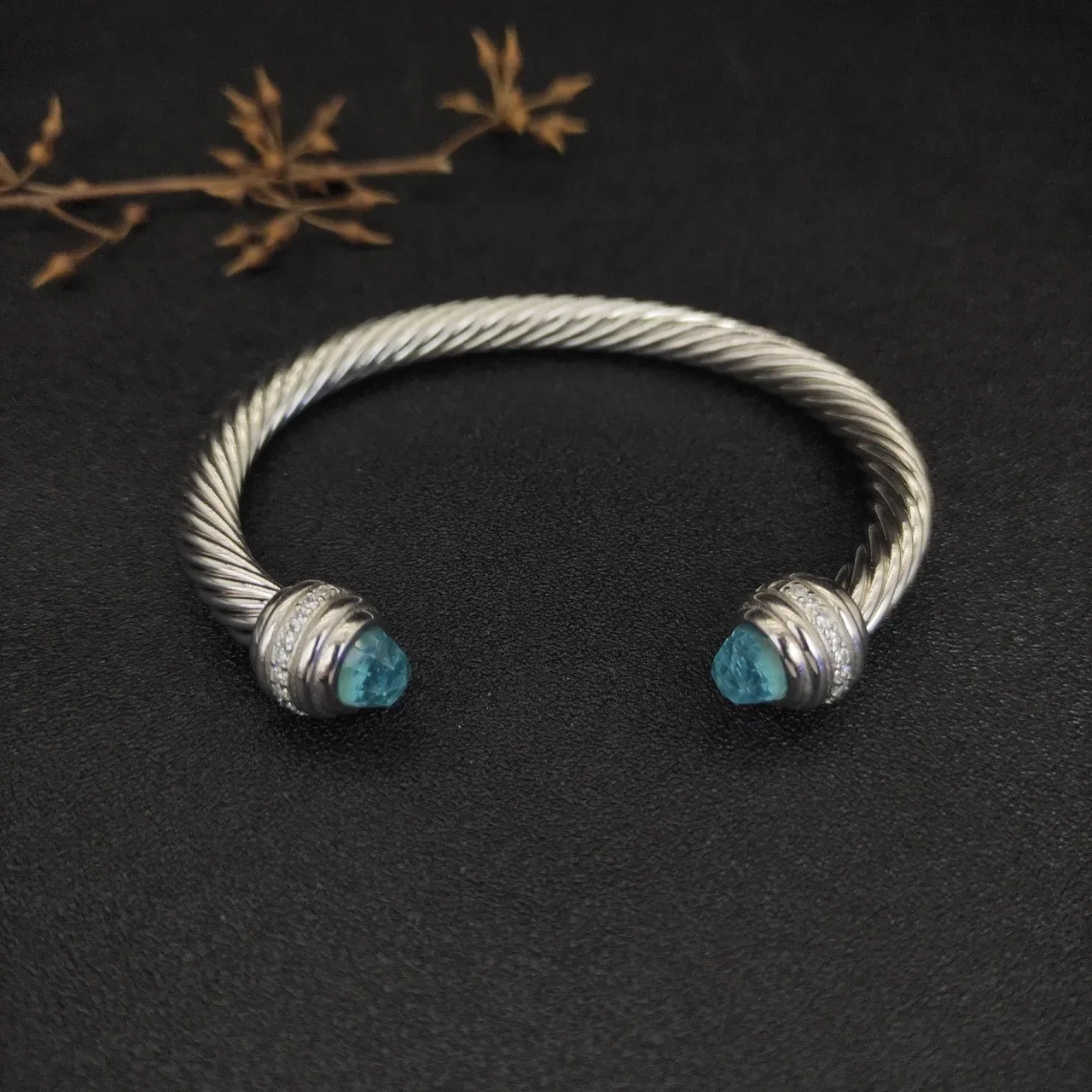 Silver Blue Twisted Cable Construction Faceted Gemstone Terminals Bracelet 9