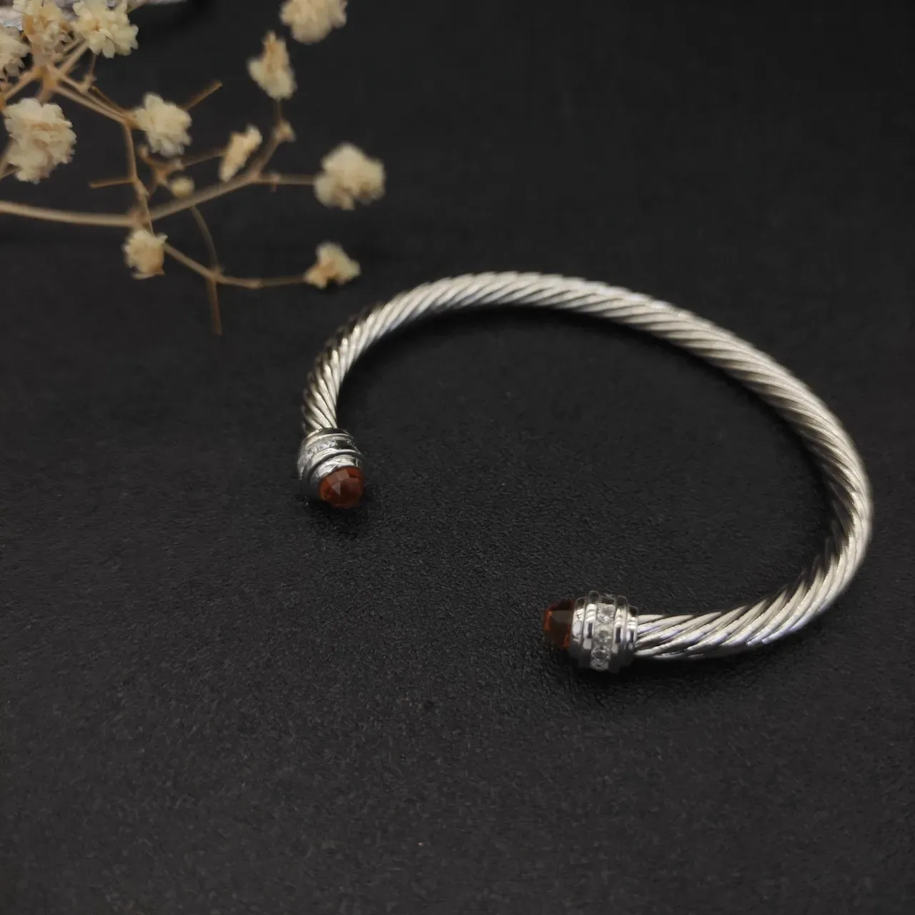 Silver Brown Twisted Cable Metal Faceted Amber Gemstone Terminals Bracelet 9