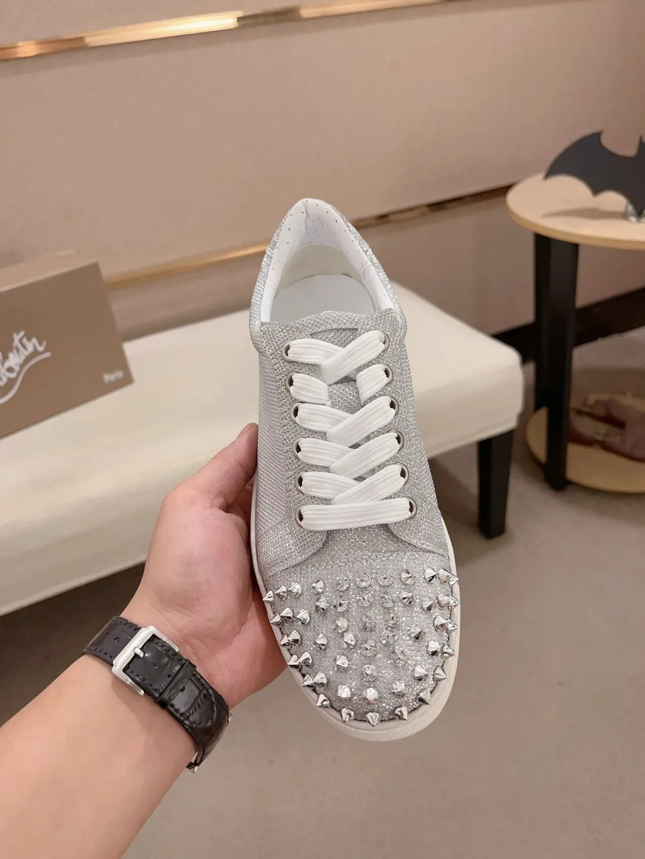 Silver Glitter Studded Toe Low-Top Lifestyle Sneakers 6