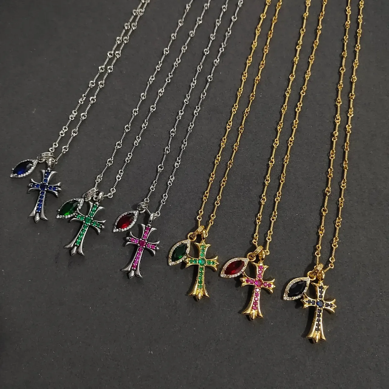 Silver Gold Cross Pendant Faceted Round Gemstone Necklace 2