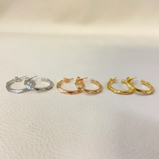 Silver Gold Faceted Geometric Hoops Thin Profile Earrings 2