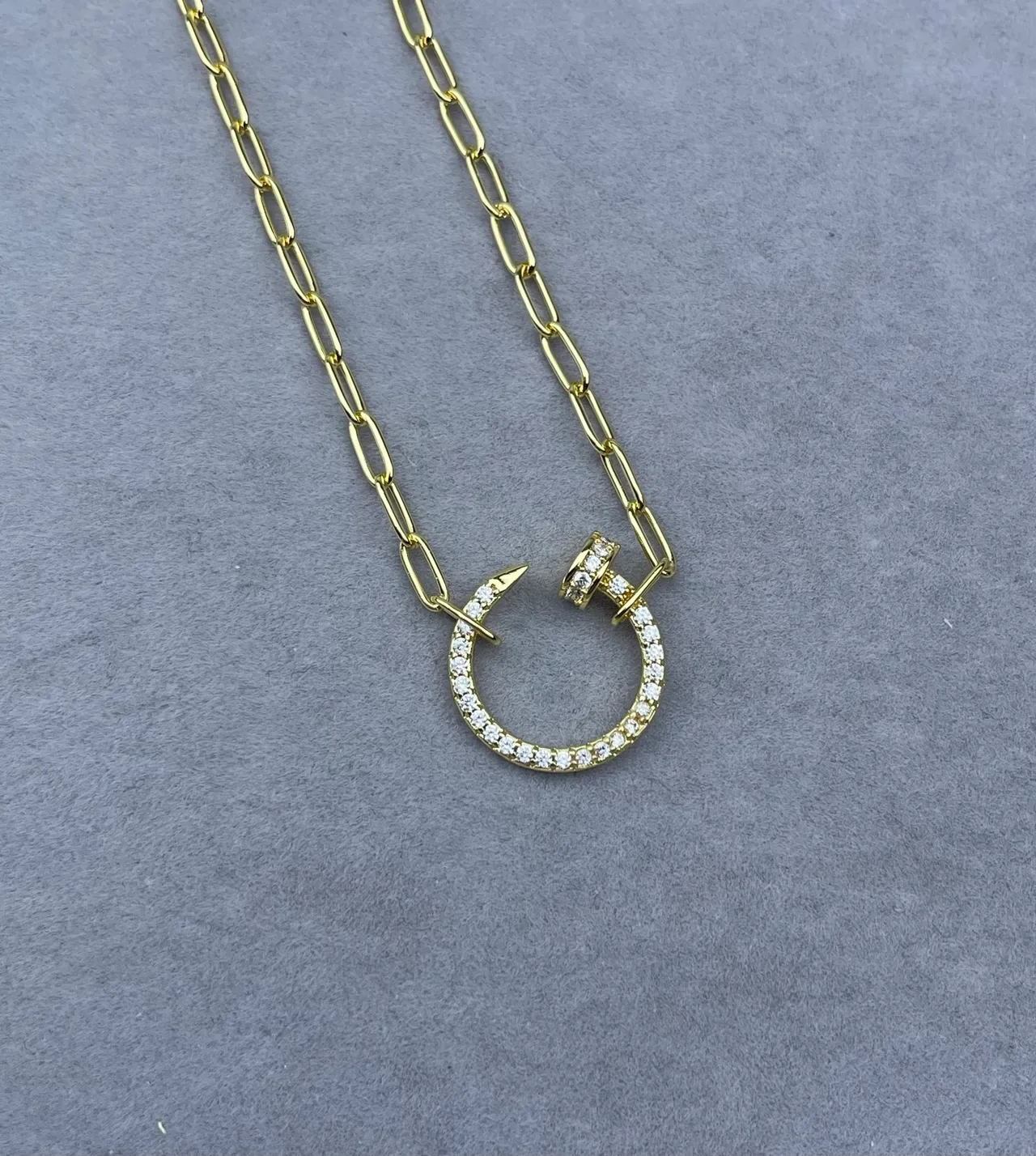 Silver Gold Pavé-Set Circular Hoop Nail-Inspired Clasp Necklace 2
