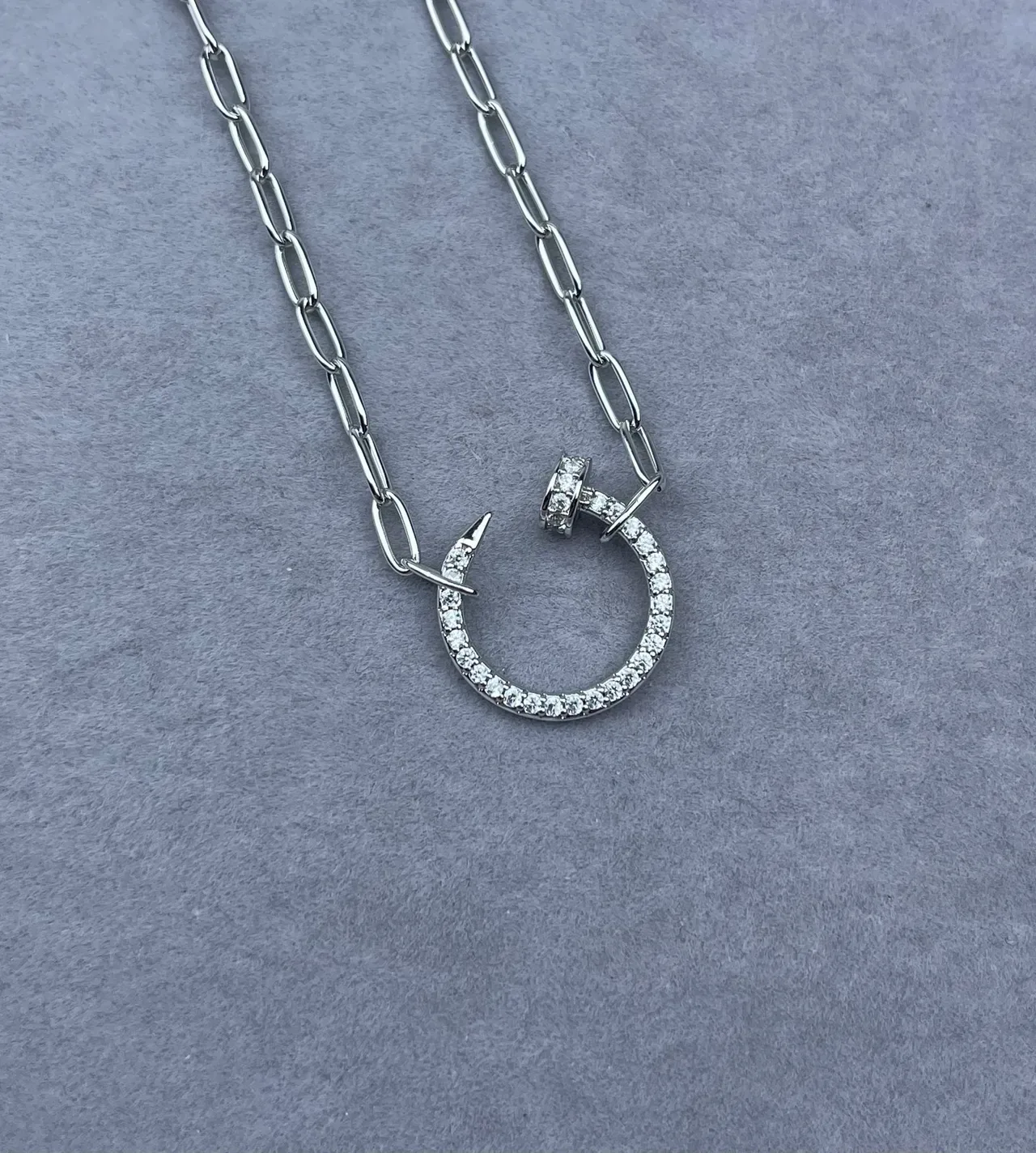 Silver Gold Pavé-Set Circular Hoop Nail-Inspired Clasp Necklace 3