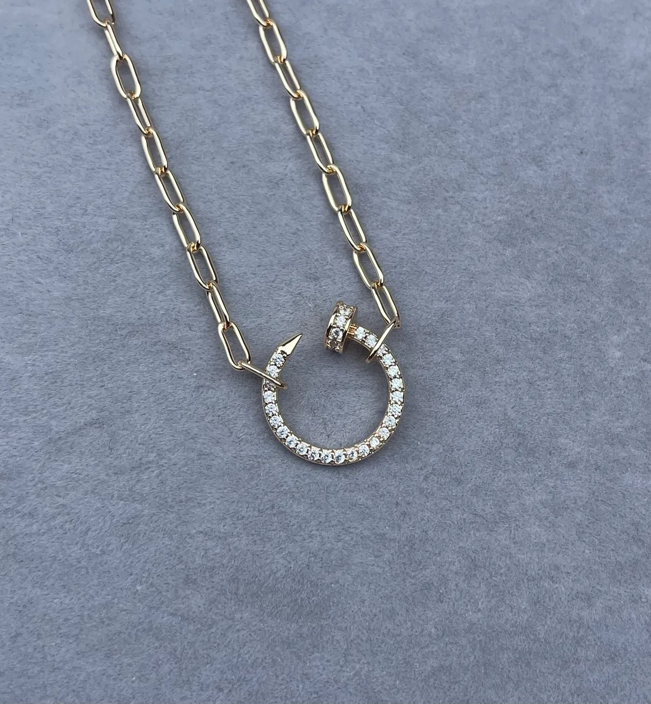 Silver Gold Pavé-Set Circular Hoop Nail-Inspired Clasp Necklace 4