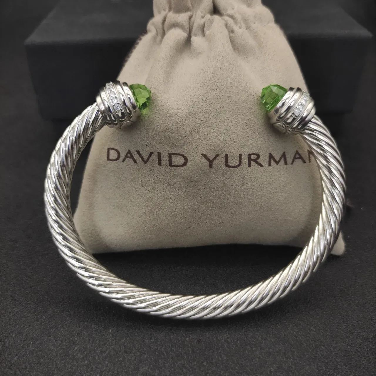 Silver Green Twisted Cable Metal Faceted Gemstone Terminals Bracelet 2