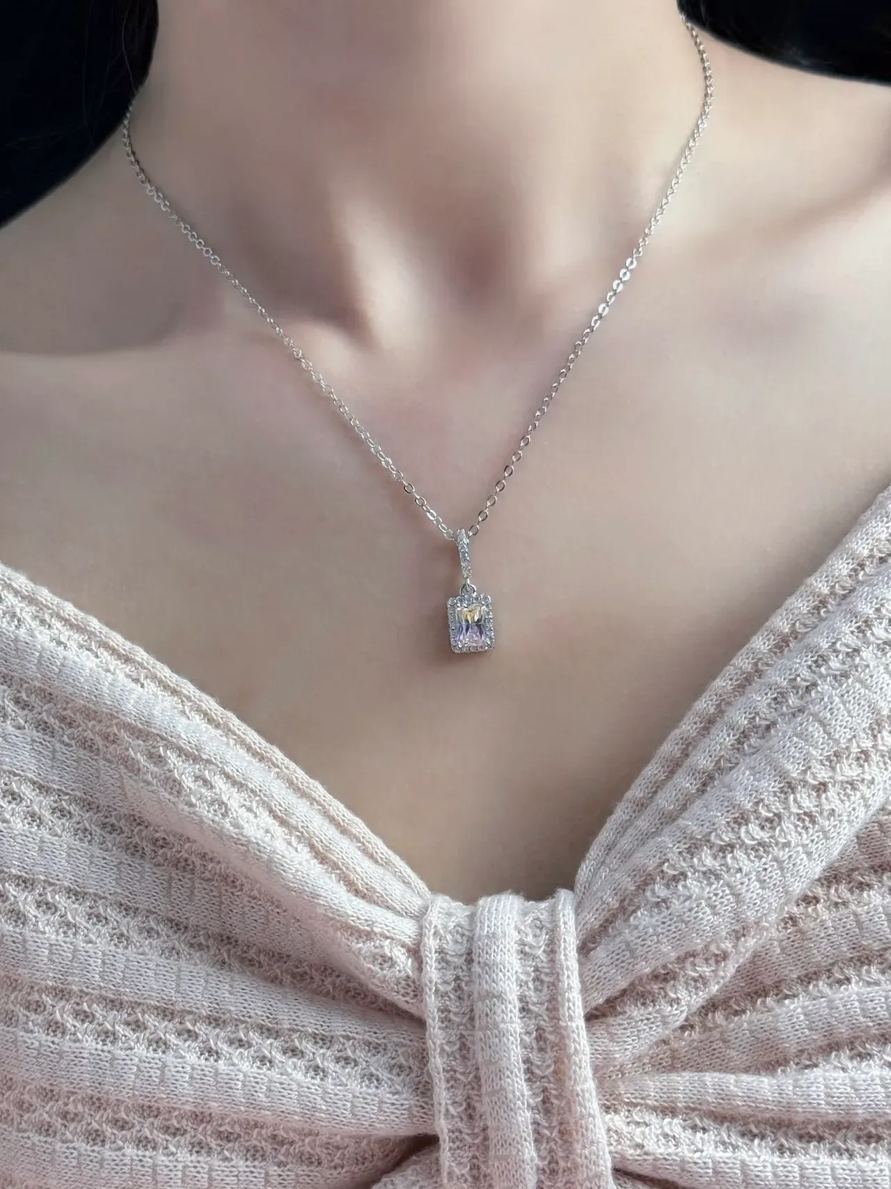 Silver Multicolor Rectangular Emerald-Cut Central Stone Pavé Halo Setting Necklace 3
