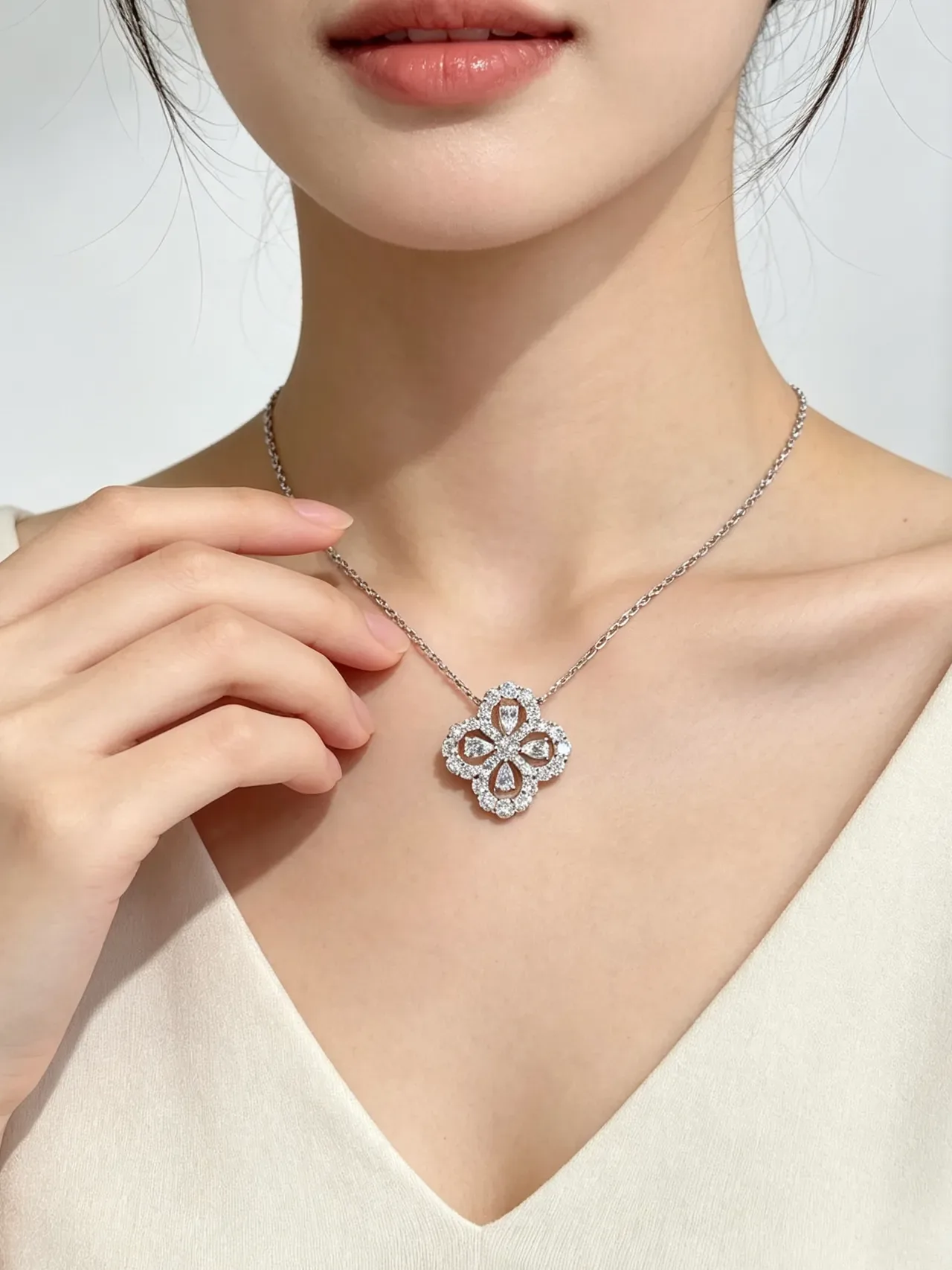 Silver Purple Floral Quatrefoil Pendant Pear-Shaped Gemstones Necklace 7