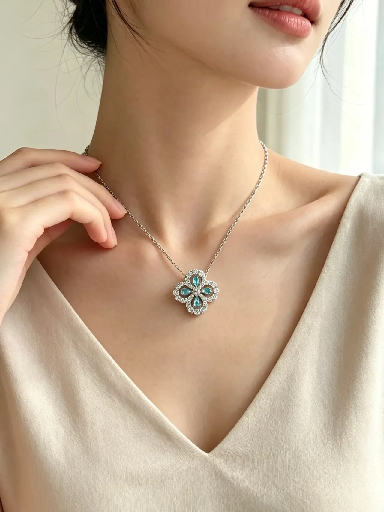 Silver Purple Floral Quatrefoil Pendant Pear-Shaped Gemstones Necklace 9