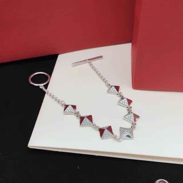 Silver Red Pyramid-Shaped Charms Pavé Crystal Detailing Bracelet 6