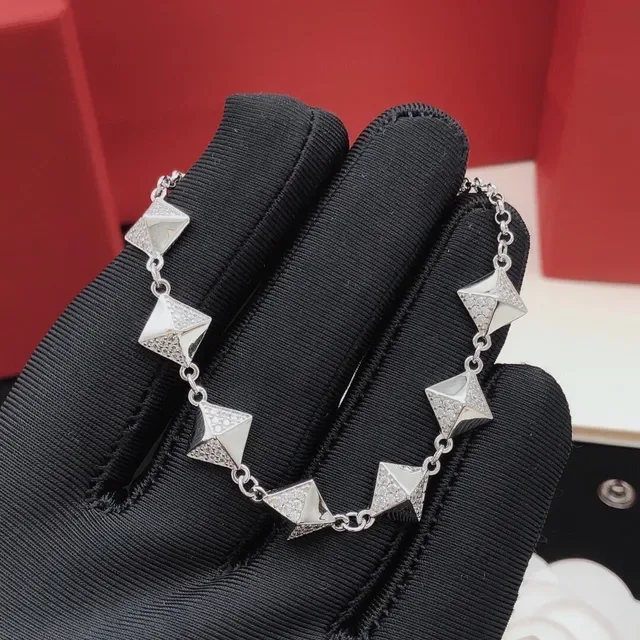 Silver Red Pyramid-Shaped Charms Pavé Crystal Detailing Bracelet 7