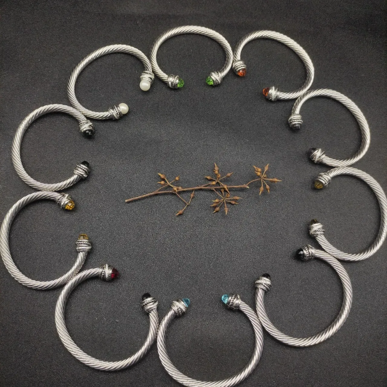 Silver Red Twisted Cable Construction Faceted Gemstone Terminals Bracelet 2