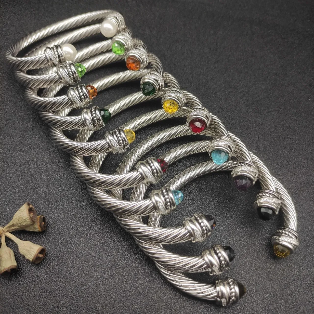 Silver Red Twisted Cable Construction Faceted Gemstone Terminals Bracelet 3