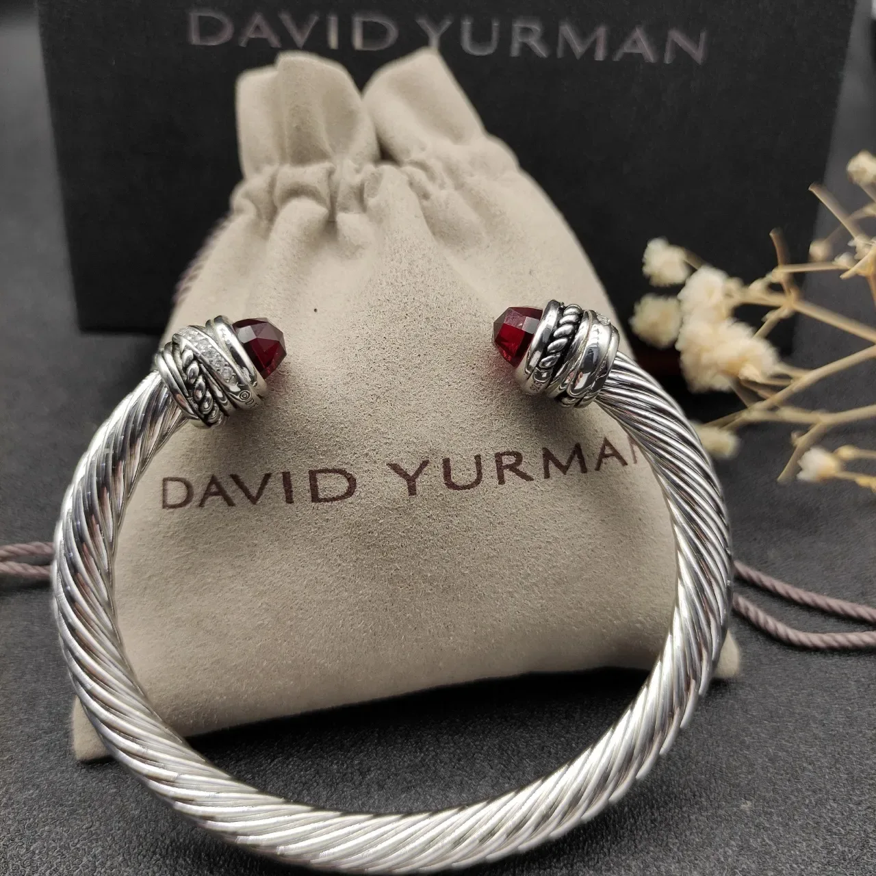 Silver Red Twisted Cable Construction Faceted Gemstone Terminals Bracelet 5
