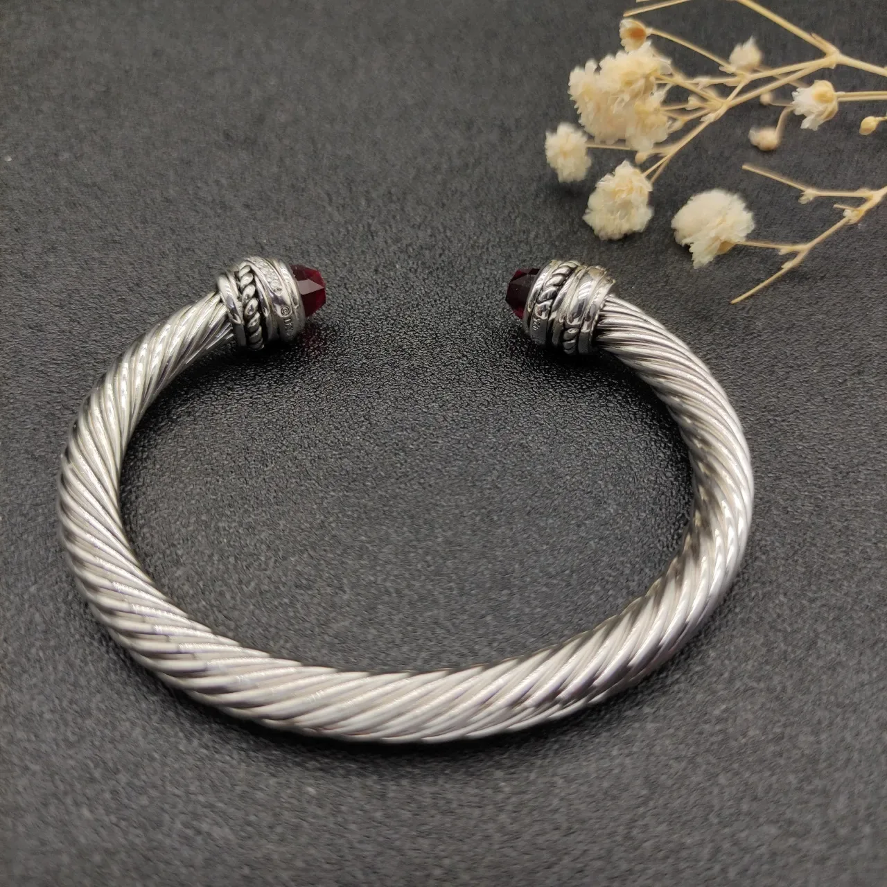Silver Red Twisted Cable Construction Faceted Gemstone Terminals Bracelet 7