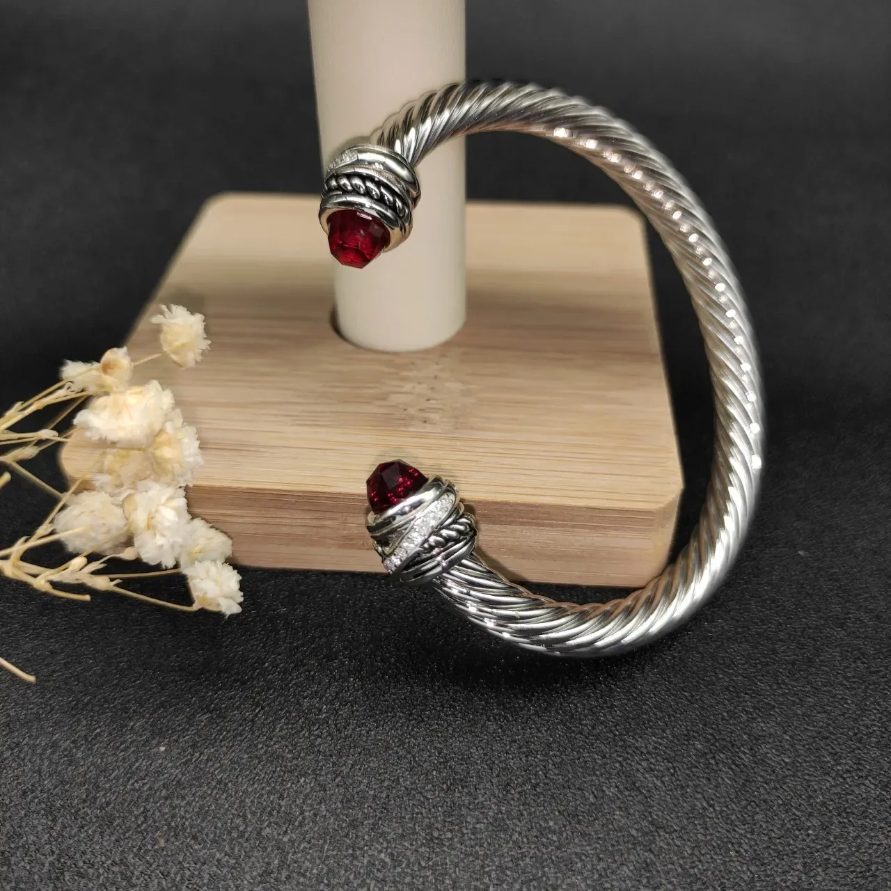 Silver Red Twisted Cable Construction Faceted Gemstone Terminals Bracelet 8