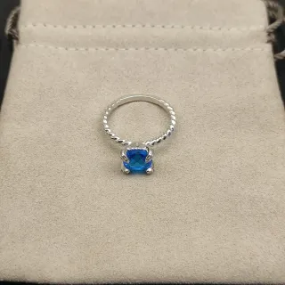 Silver-Tone Twisted Rope Band Blue Cushion-Cut Gemstone Ring