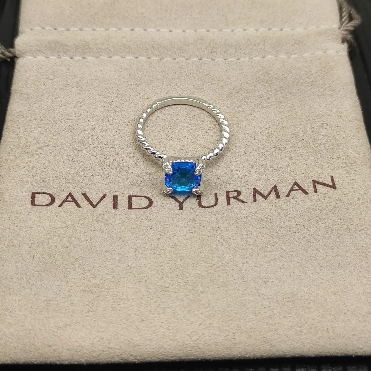 Silver-Tone Twisted Rope Band Blue Cushion-Cut Gemstone Ring 8