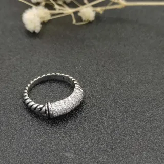 Silver-Toned Twisted Rope Pavé Stone Ring