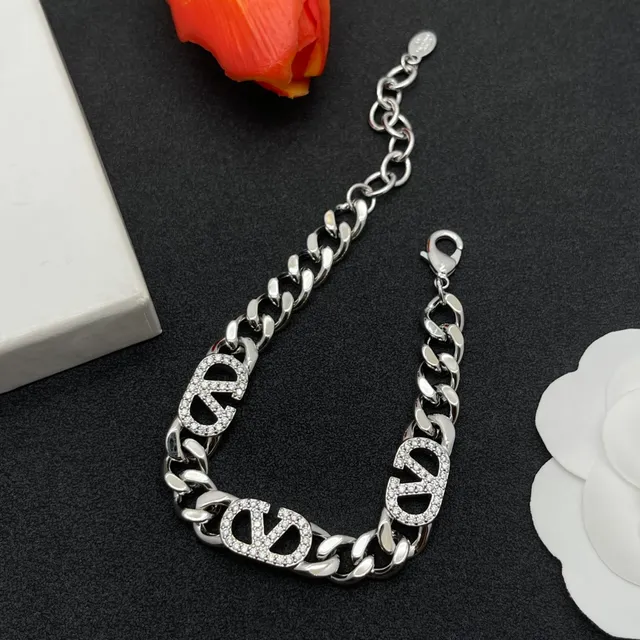 Silver Transparent Chunky Curb Chain Pavé-Set Logo Charms Bracelet 5