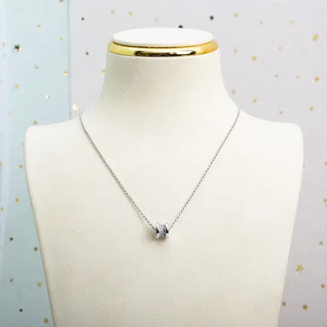 Silver White Barrel-Shaped Pendant Pavé-Set Clear Stones Necklace 8