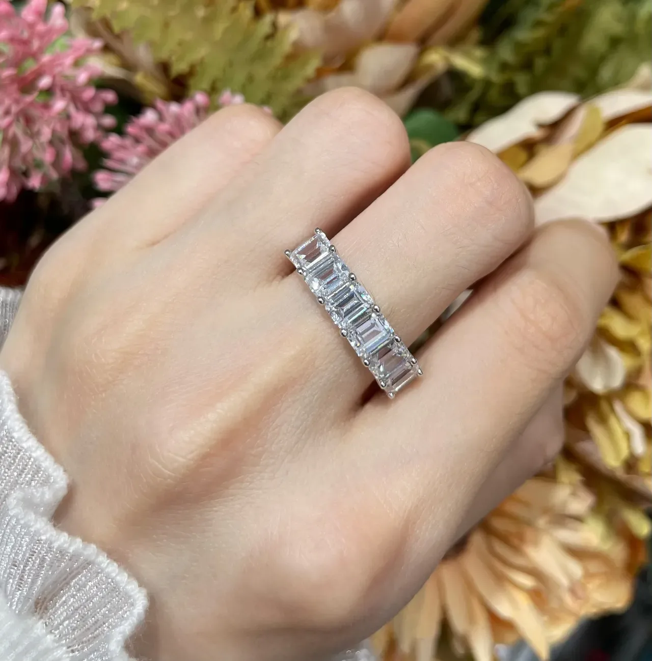 Silver White Emerald-Cut Channel-Set Stones Full Eternity Band Ring 7