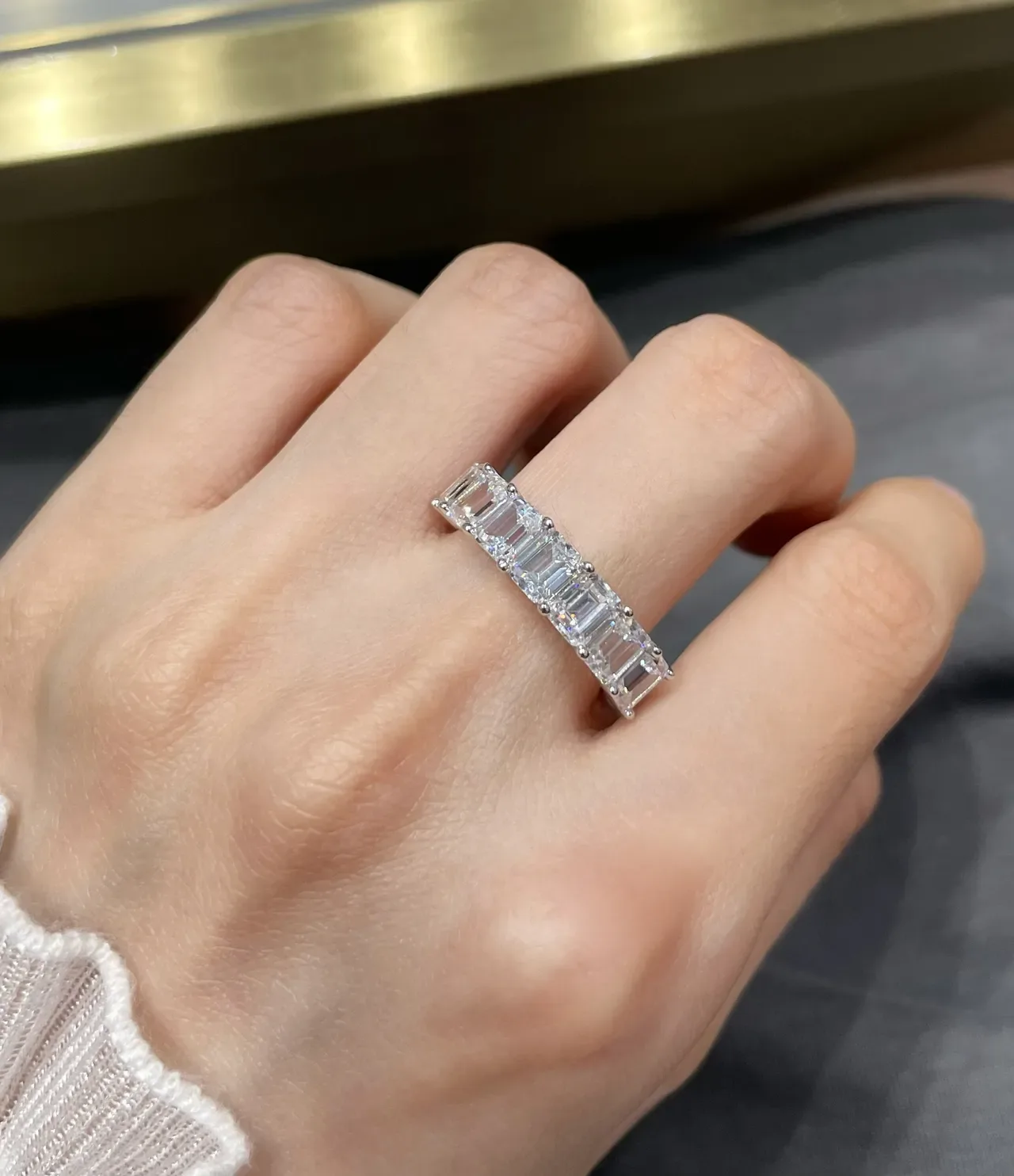 Silver White Emerald-Cut Channel-Set Stones Full Eternity Band Ring 9