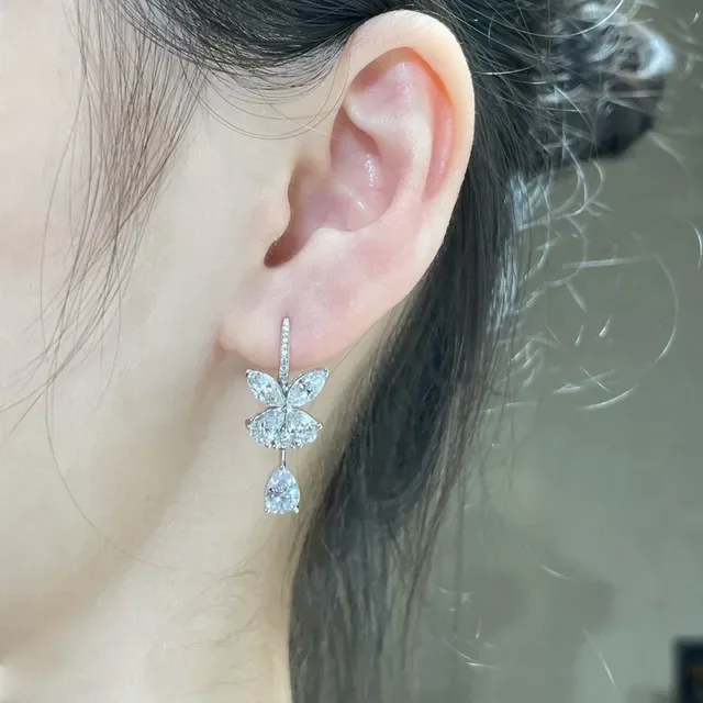 Silver White Floral Cluster Teardrop Dangle Earrings 9