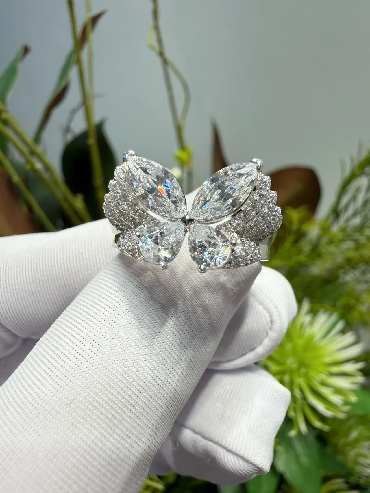 Silver White Multi-Stone Cluster Marquise-Cut Center Ring 4