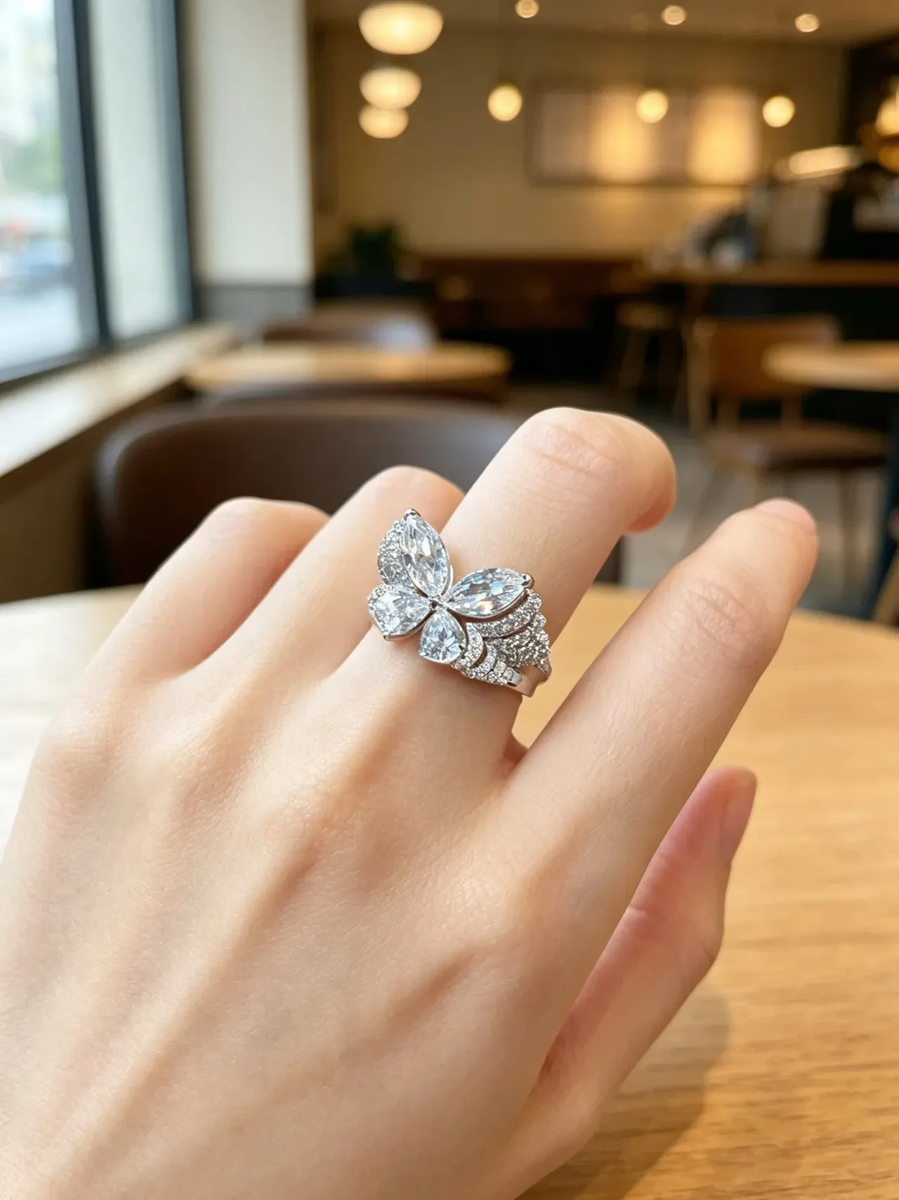 Silver White Multi-Stone Cluster Marquise-Cut Center Ring 8