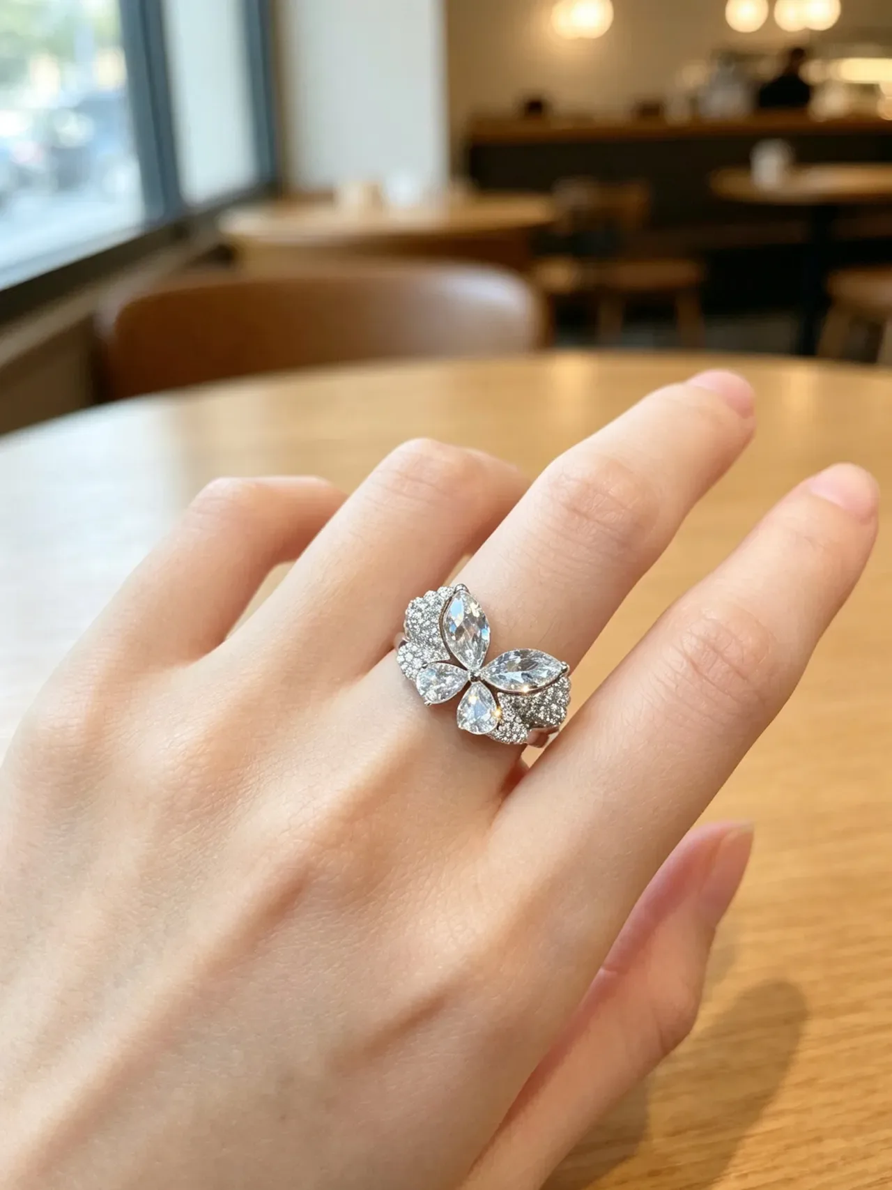 Silver White Multi-Stone Cluster Marquise-Cut Center Ring 9