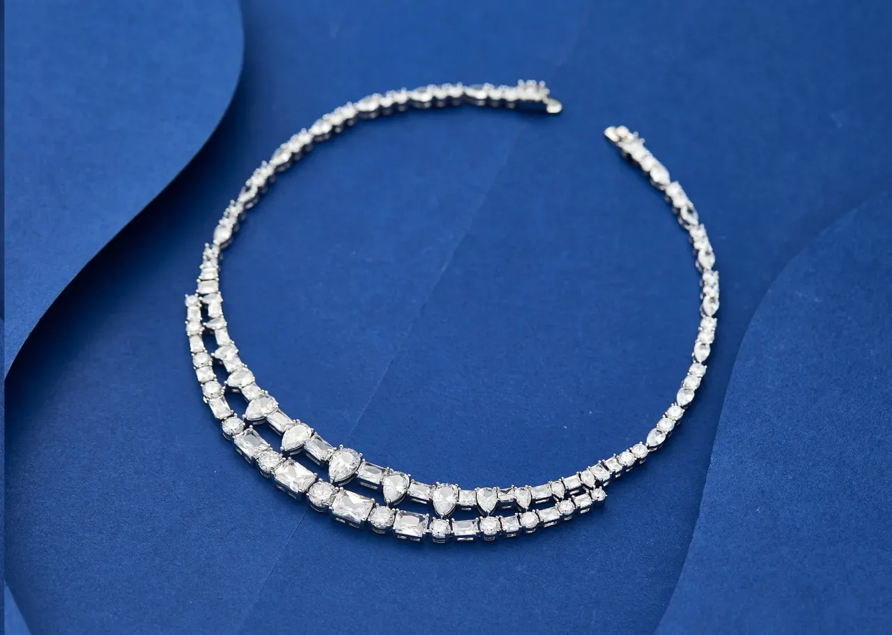 Silver White Multi-Strand Choker Mixed-Cut Crystal Pavé Necklace 2