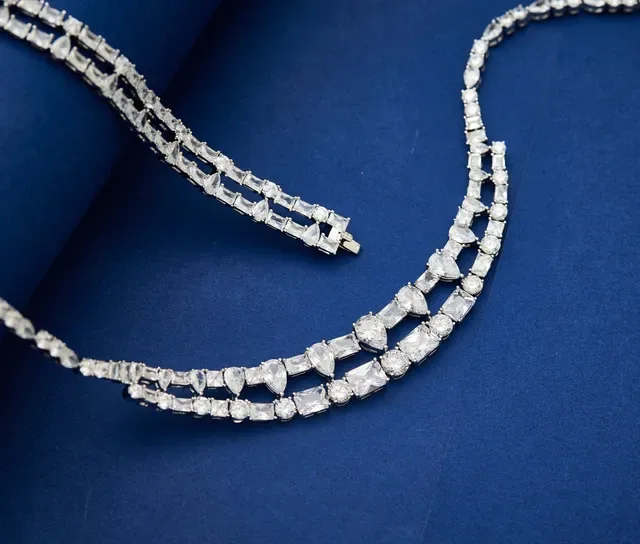 Silver White Multi-Strand Choker Mixed-Cut Crystal Pavé Necklace 3