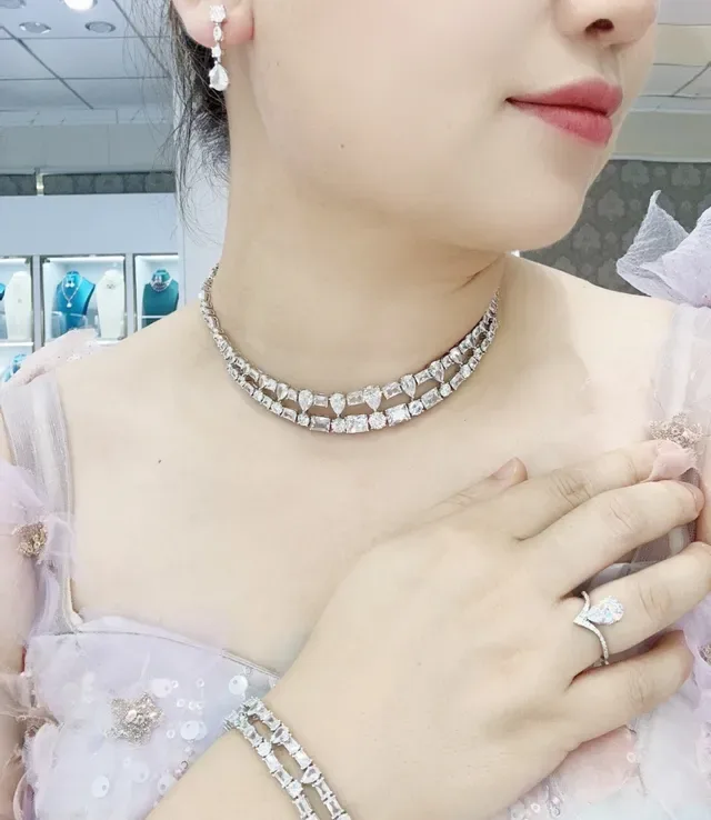 Silver White Multi-Strand Choker Mixed-Cut Crystal Pavé Necklace 4