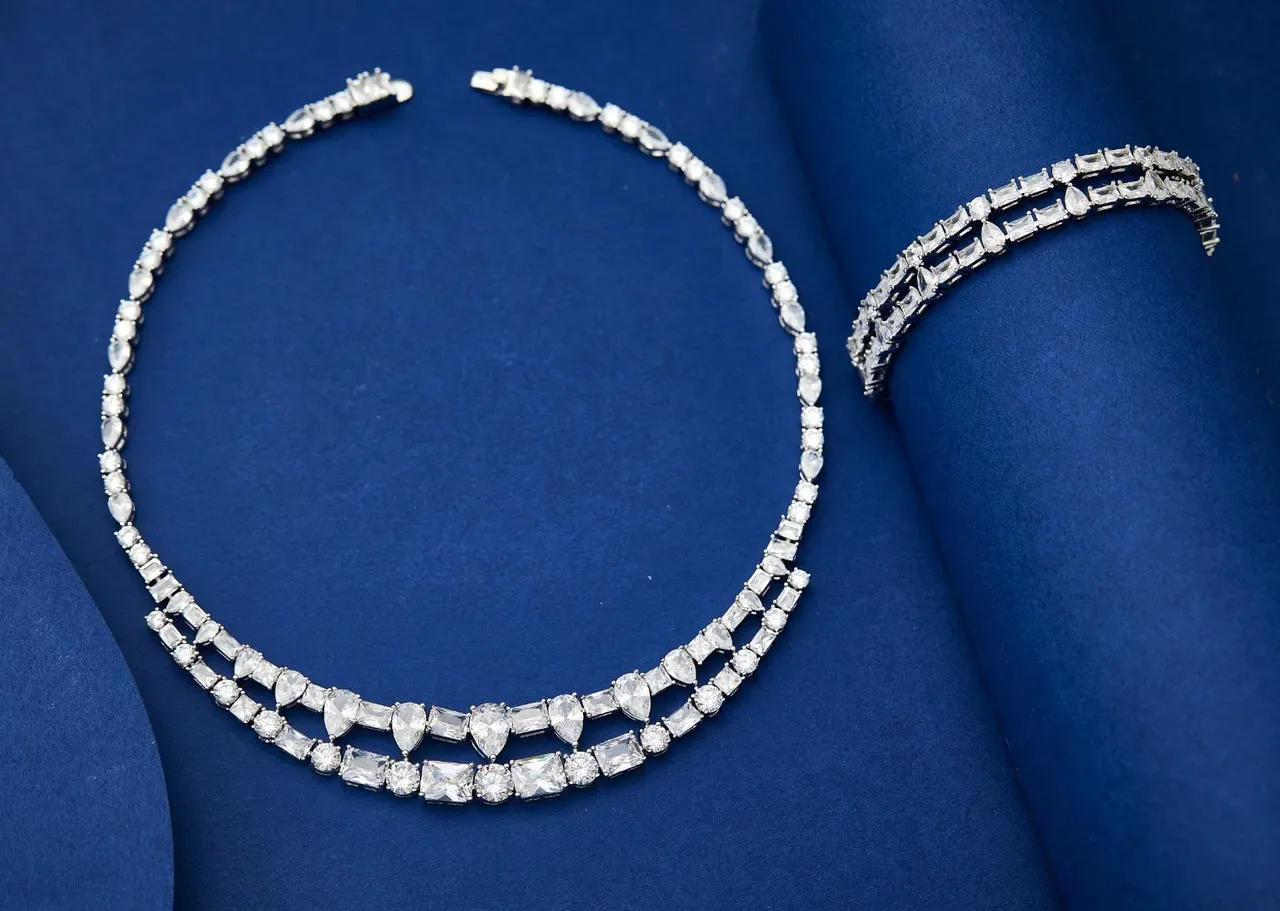 Silver White Multi-Strand Choker Mixed-Cut Crystal Pavé Necklace 5