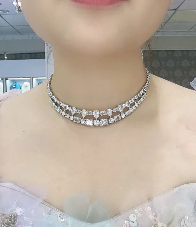 Silver White Multi-Strand Choker Mixed-Cut Crystal Pavé Necklace 6
